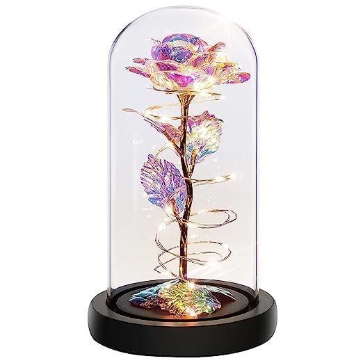 Artificial Colorful Rose with LED Light | Glass Dome | Valentine Gift | Warm Color