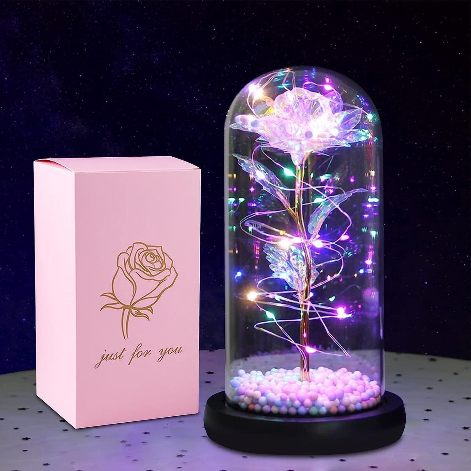 Artificial Colorful Rose with LED Light | Glass Dome | Valentine Gift | Warm Color