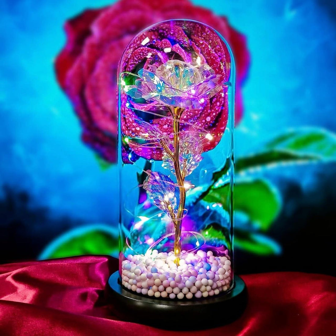 Artificial Colorful Rose with LED Light | Glass Dome | Valentine Gift